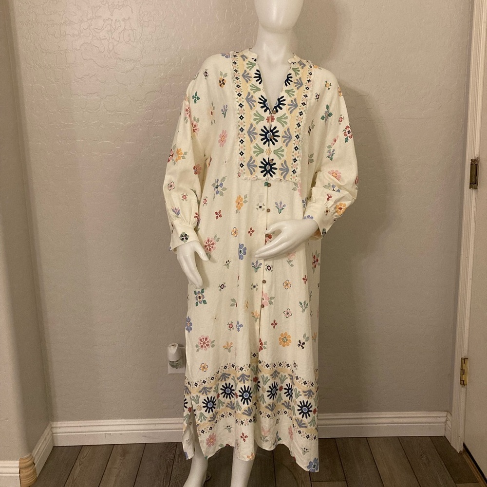 ZARA Oversized Linen Blend Floral Print MIDI  Kaftan Dress White Large - Picture 2 of 13